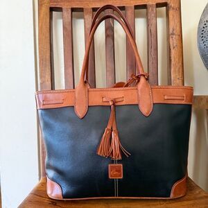 Dooney & Bourke Saffiano Leather Tassle Tote Bag — Black & Natural Trim